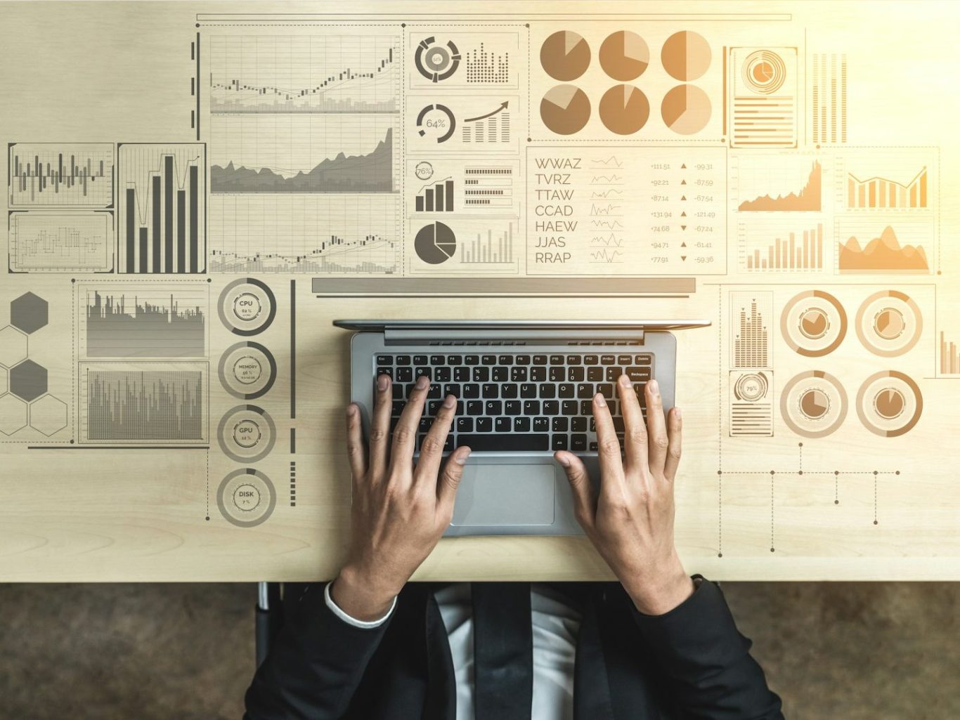 Laptop with financial dashboards and charts